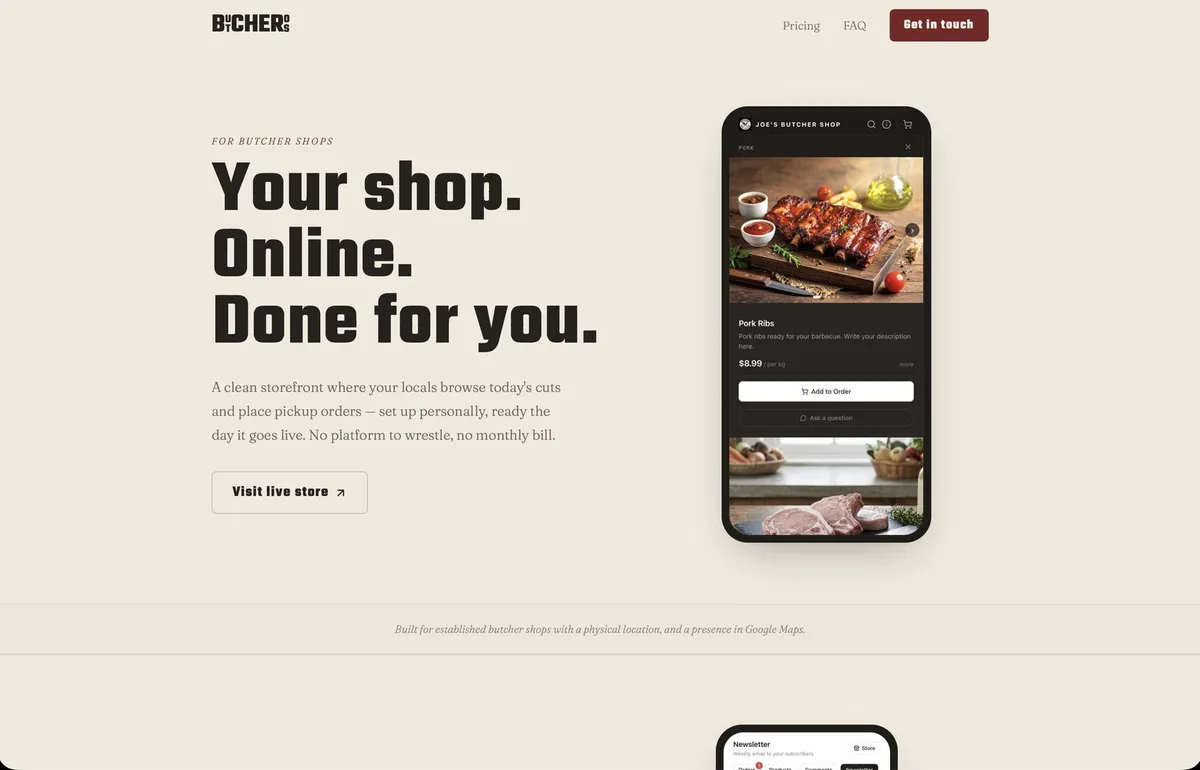 The Butcheros marketing site, pitching a done-for-you storefront for butcher shops