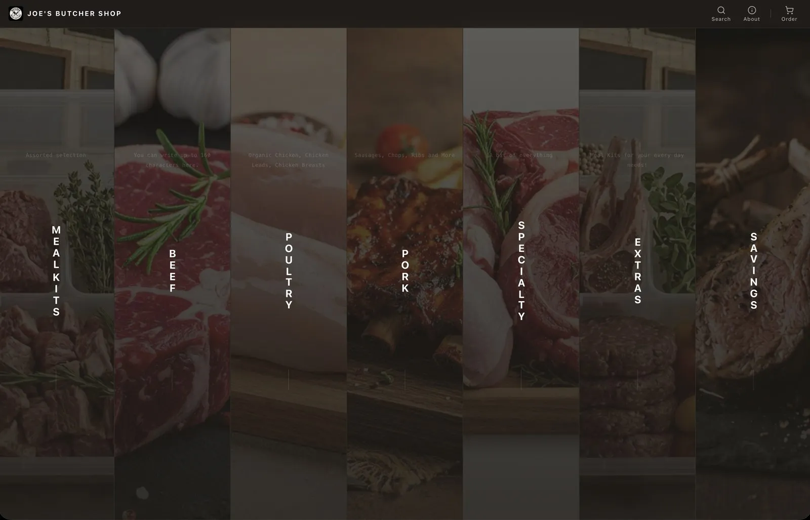 Joe’s Butcher Shop storefront, category sections as full-bleed scrolling columns