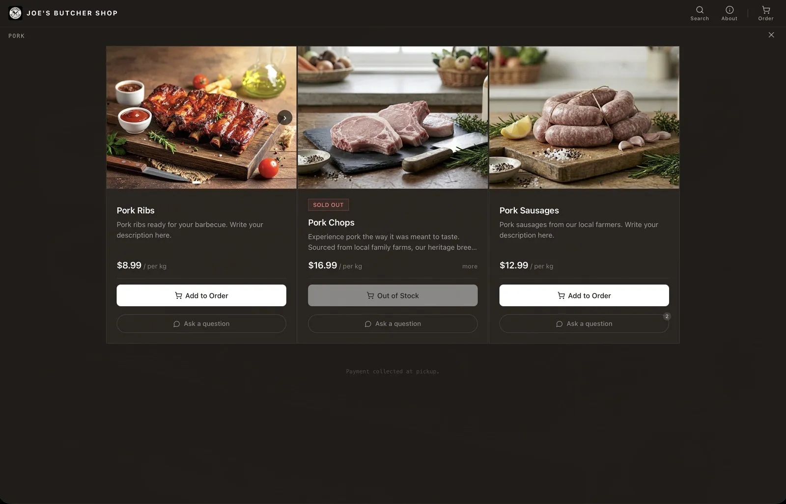The Pork section’s product grid, showing a sold-out item and the ask-a-question option