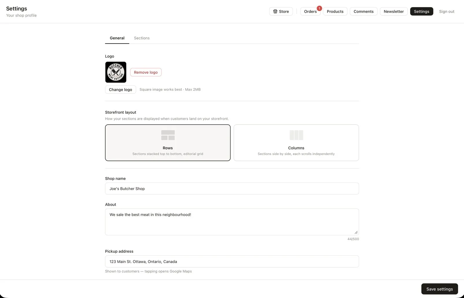 The dashboard’s General settings screen, including the rows-versus-columns layout picker