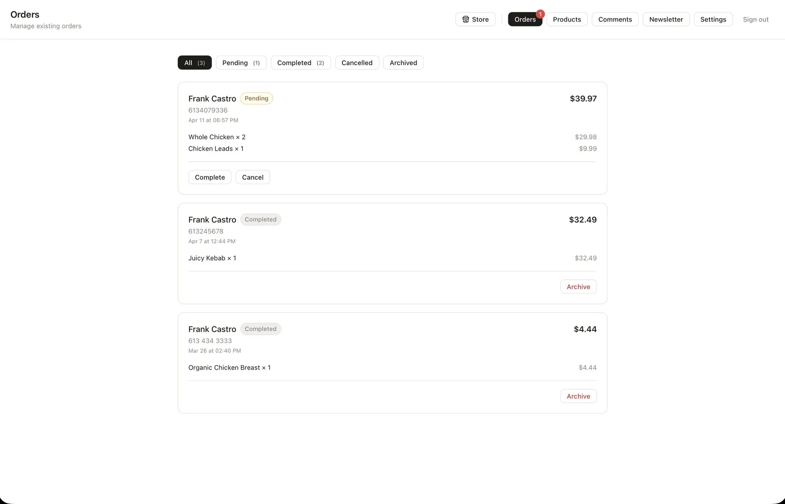 The Orders dashboard, listing pending and completed pickup orders
